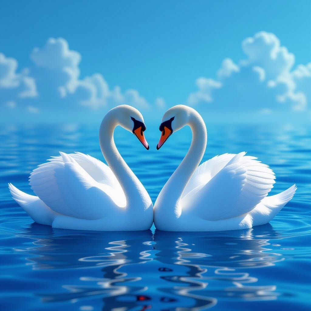Two White Swans Form Heart on Deep Blue Sea