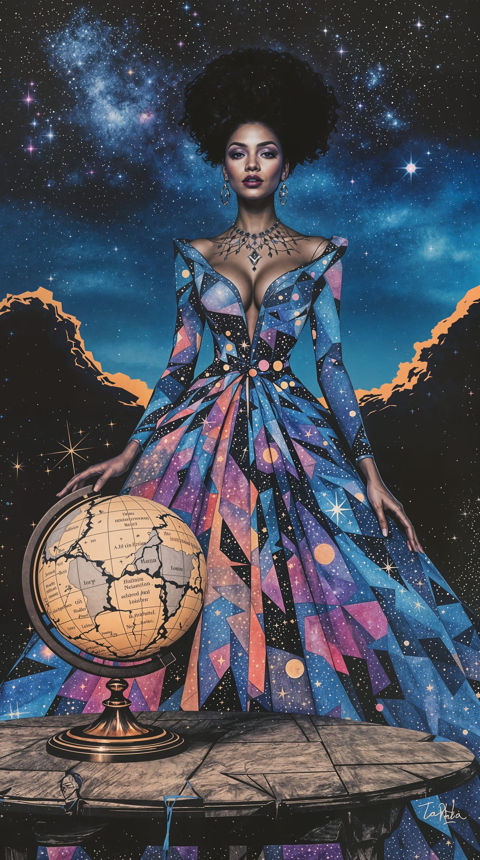 Celestial Grief of a Latinx Woman in Monoprint Style