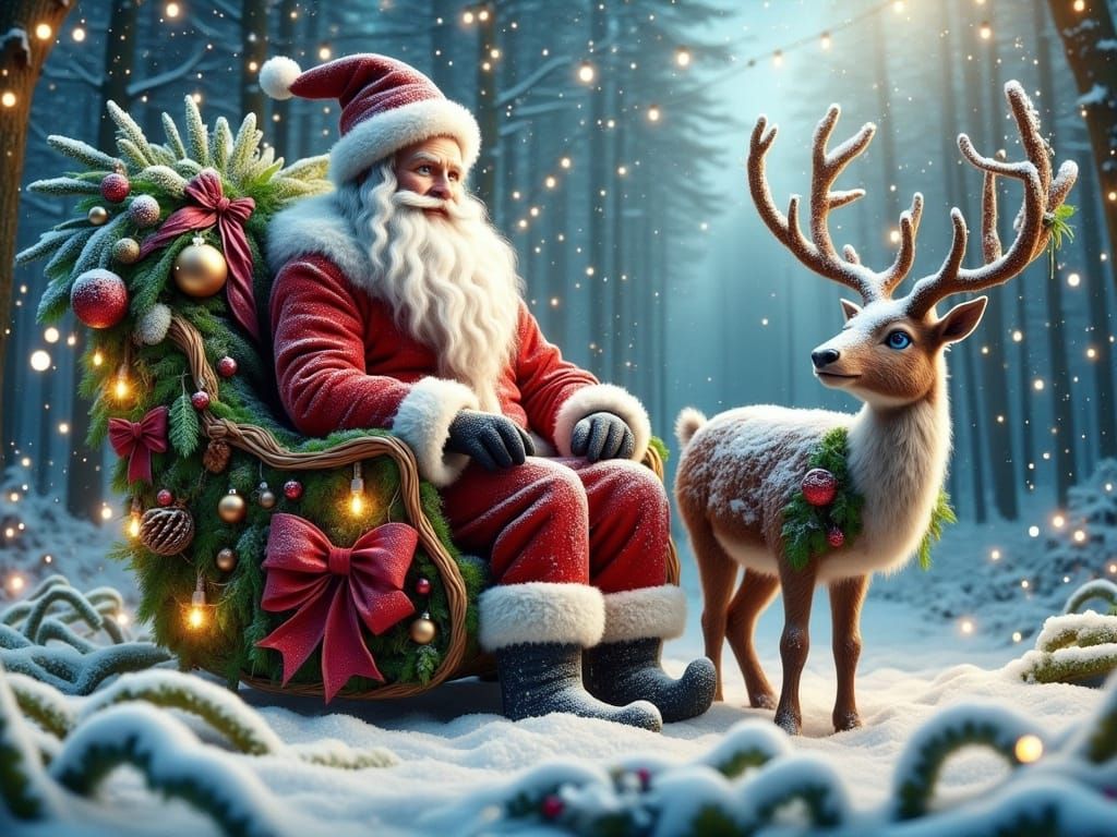 Festive Tree Ent Santa on Sleigh in Snowy Forest