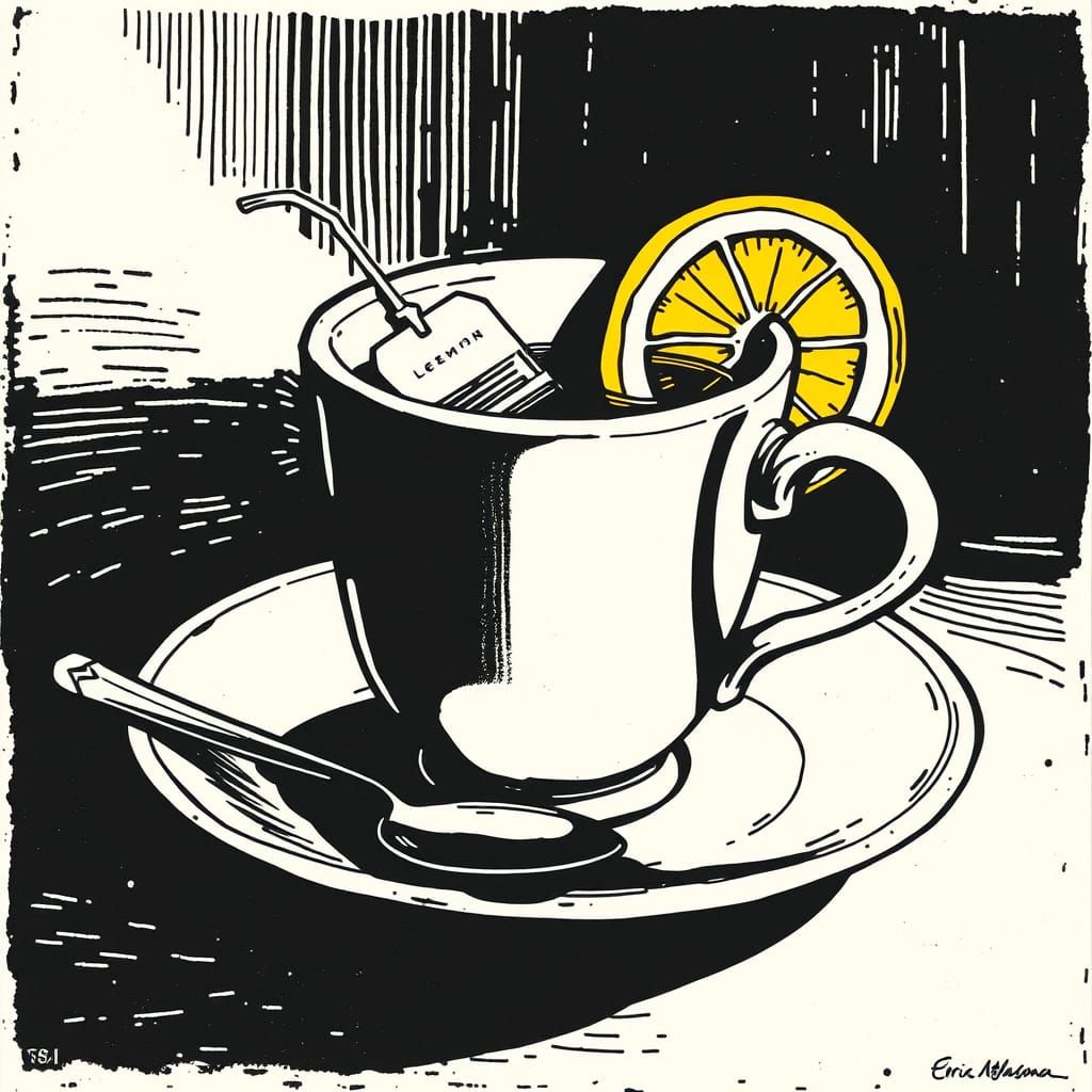 Tea Cup Still Life in Woodcut Style