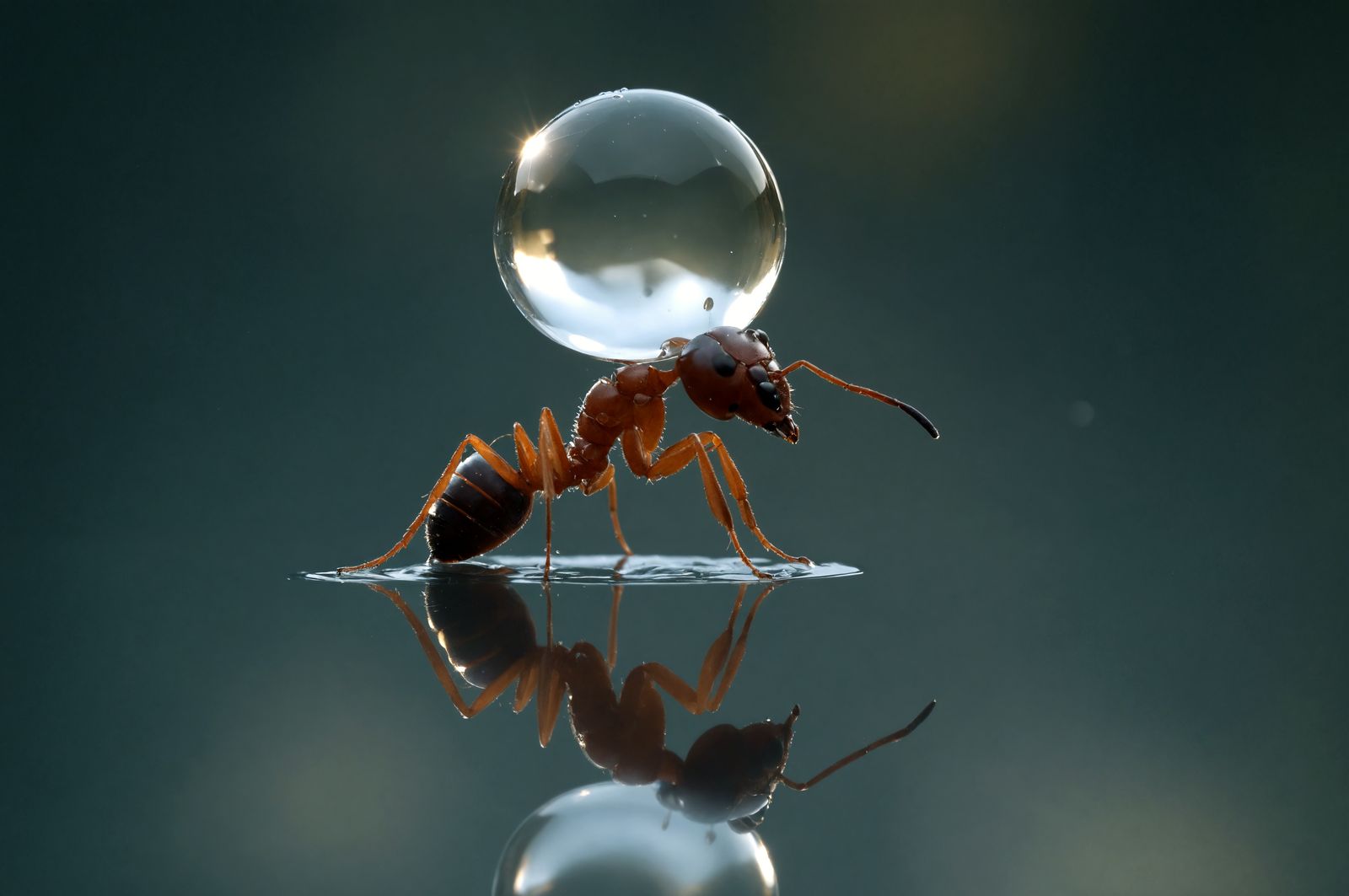 Ant Balances Water Droplet: Macro Wildlife Photography