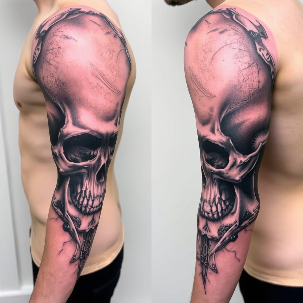 A fill lage sleeve tattoo black and gray ink tattoo of a large realistic skull very detailed textures