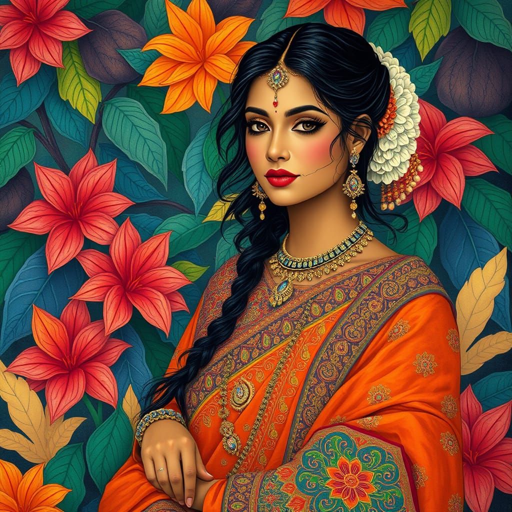 Serene Enigmatic Woman in Traditional Indian Attire