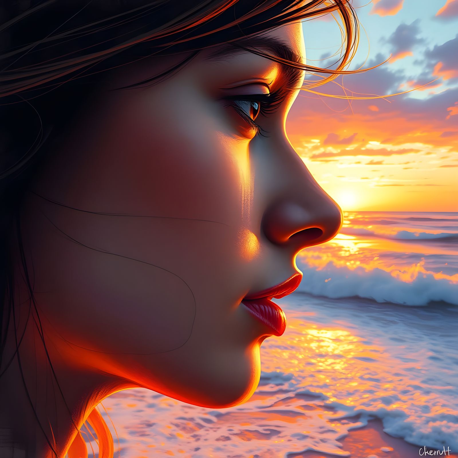 Women Gazing Out at a Breathtaking Sunset Deep in the Ocean