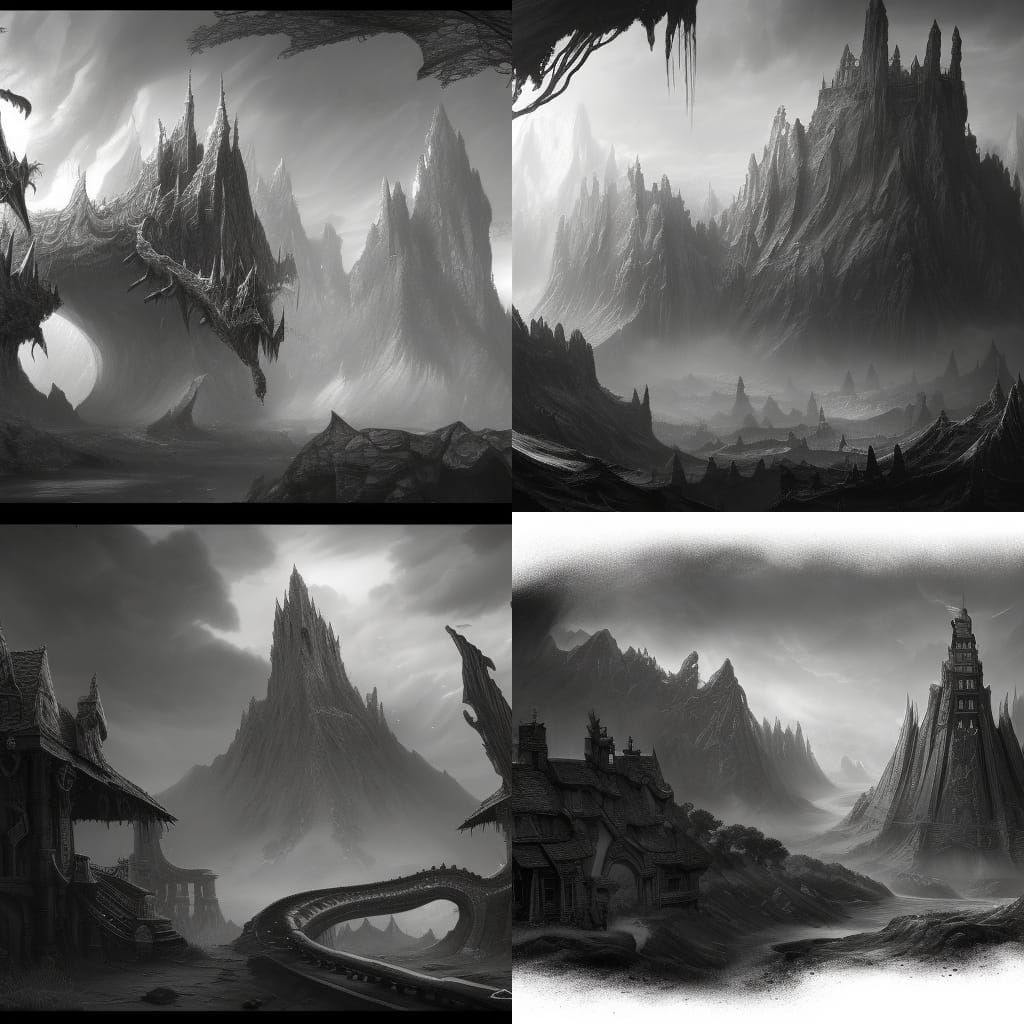 Detailed Black and White Landscape Drawing