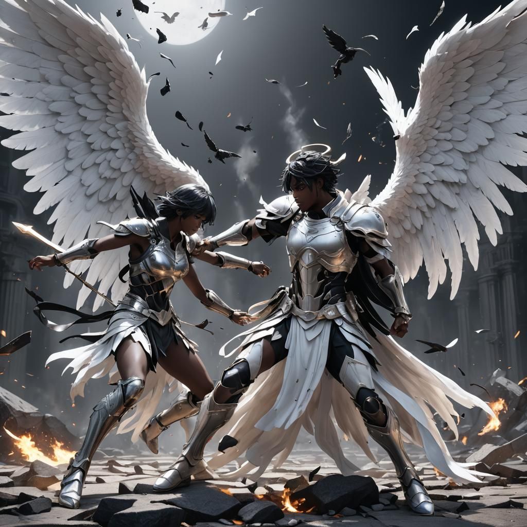 Angels Clash: White Versus Fallen in Anime Style