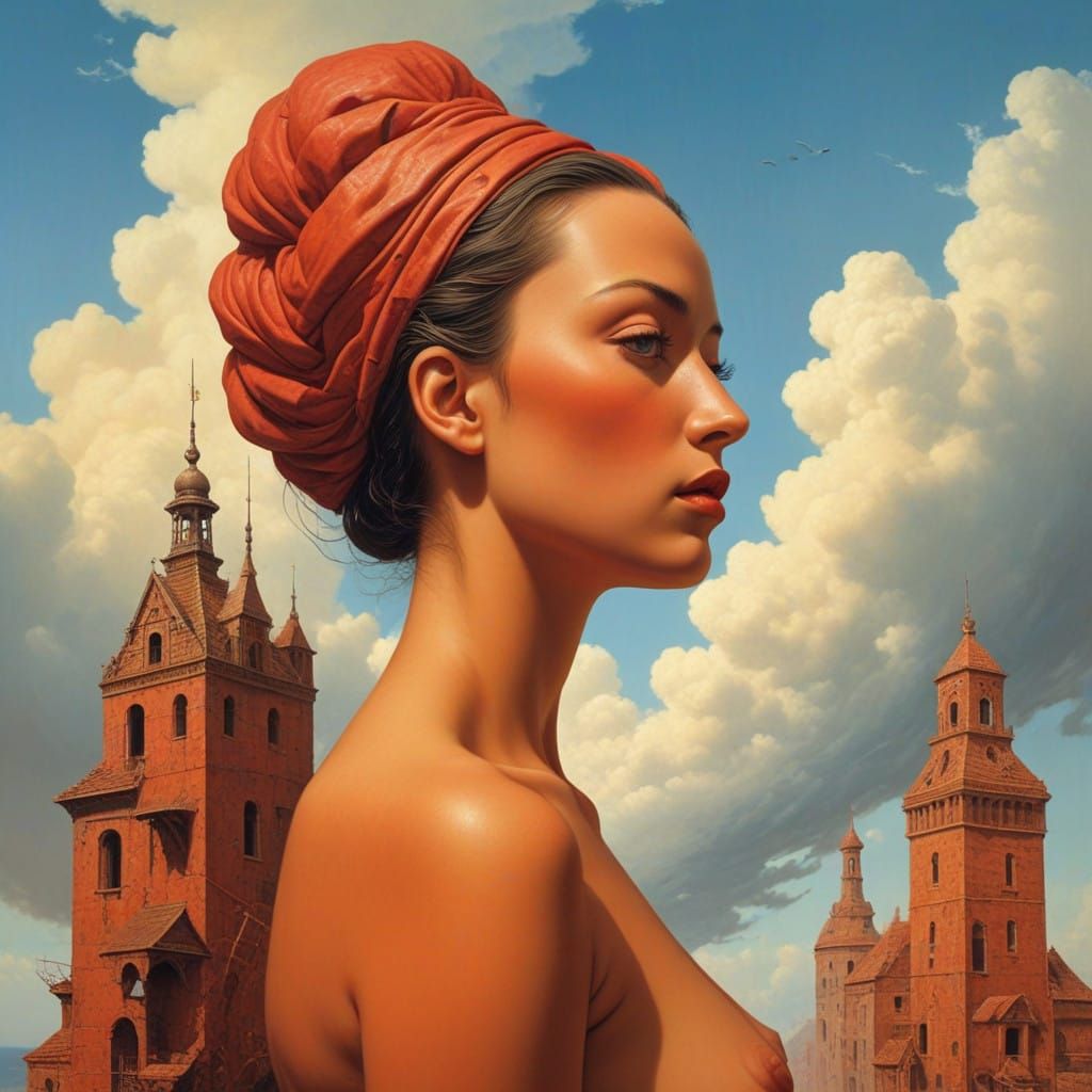 Surrealistic Figure of a Woman Composed of Red Bricks in a D...