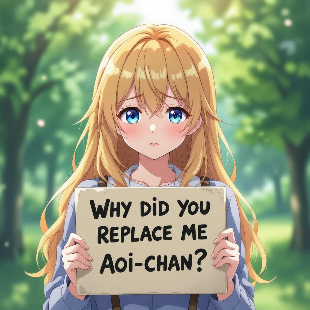 Melancholic Anime Girl Holding 'Replace Me' Sign in Soft Day...