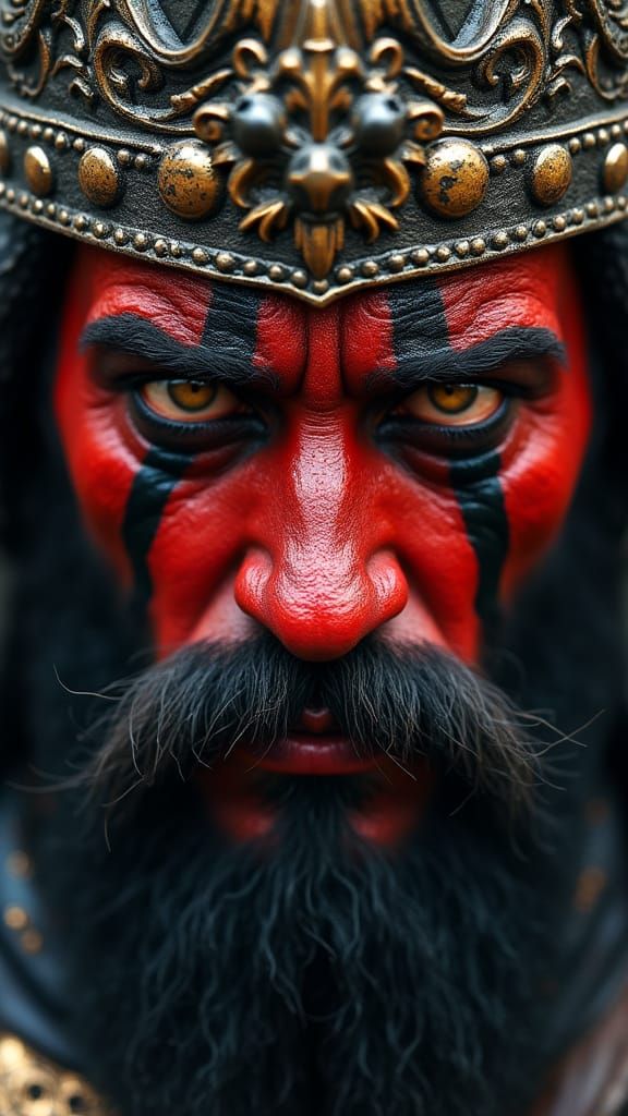 Fearsome Warrior King Portrait with Crimson & Gold