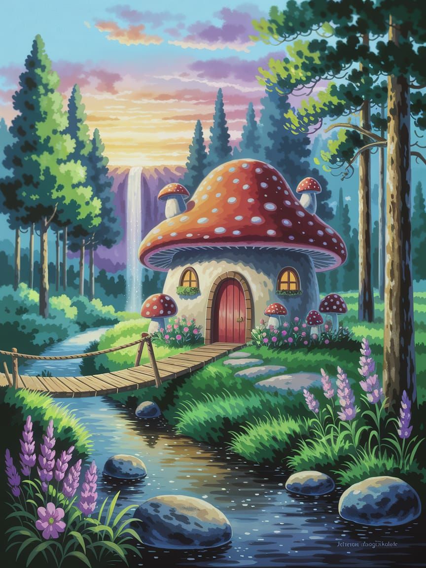 Magical Sky Path & Mushroom House in Sunset Glow