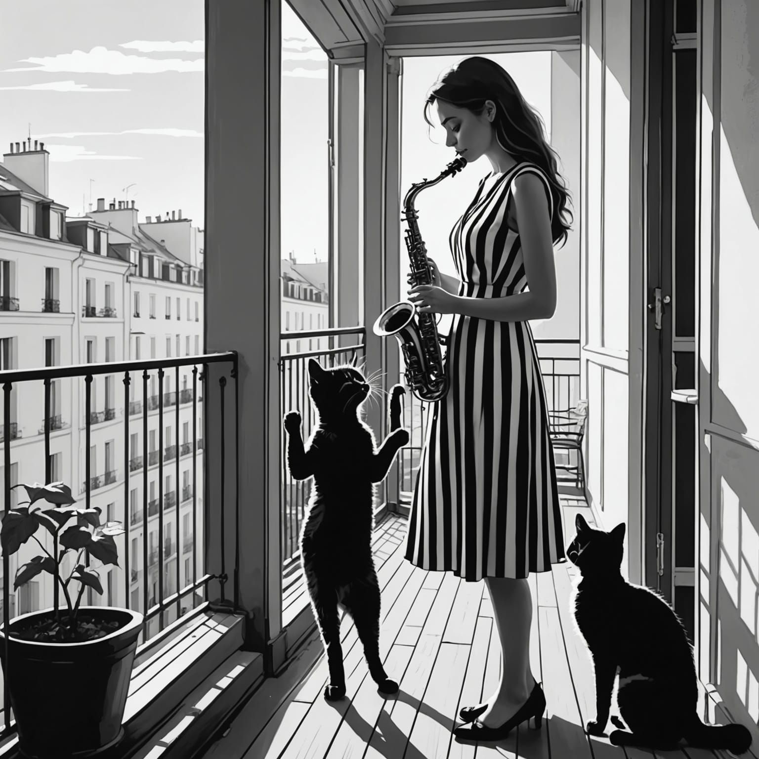 Girl Plays Saxophone in Paris: Silhouette Drawing