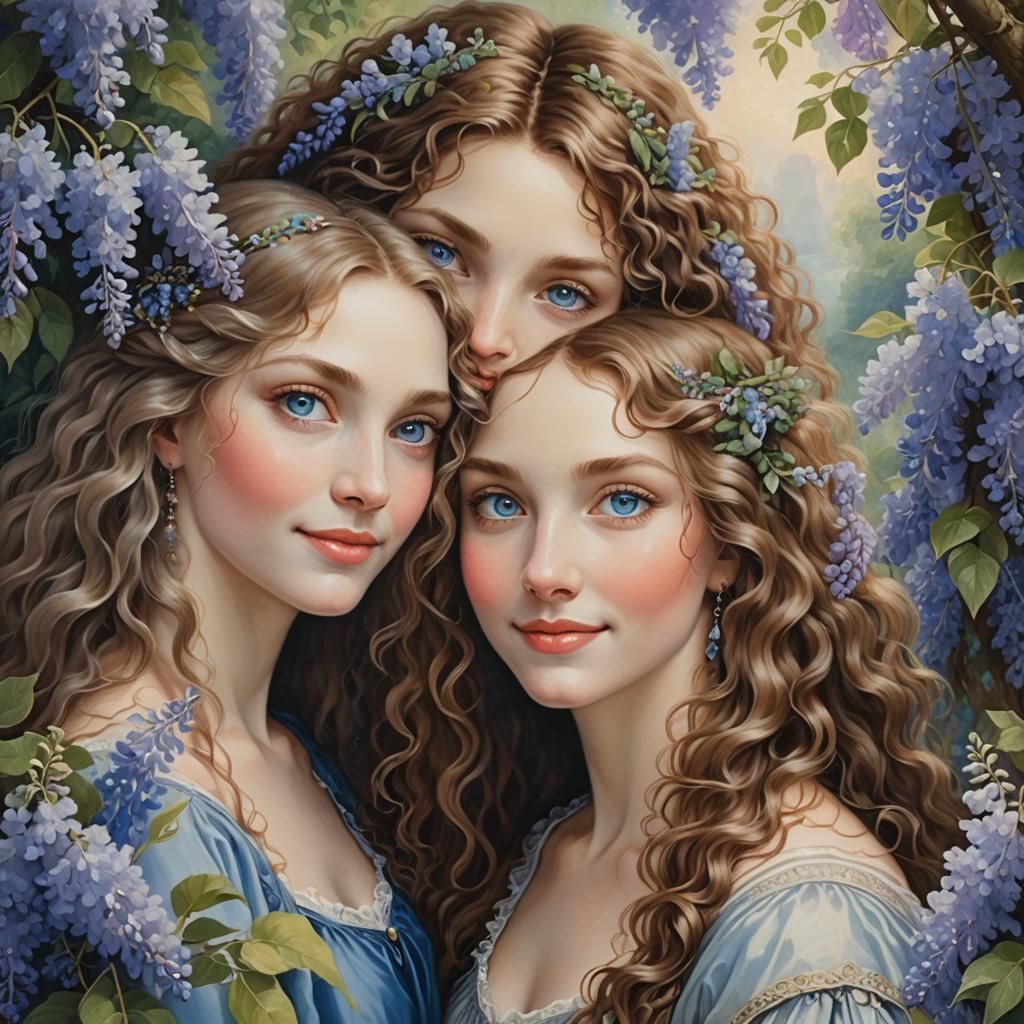 Renaissance Portrait: Three Sisters in a Wisteria Garden