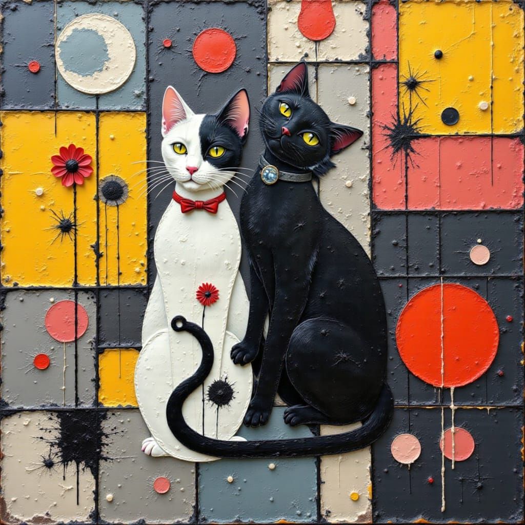 Kawaii Cat, abstract oil on canvas painting by Maria Tsuhilkina & Piet Mondrian...