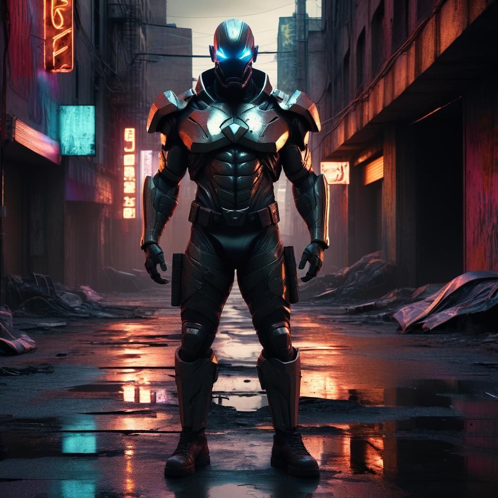 Post-Apocalyptic Superhero in Gritty Cyberpunk Cityscape