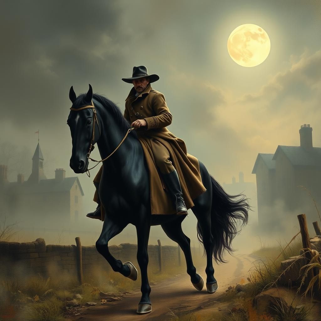 Highwayman Rides at Night in Moody Landscape