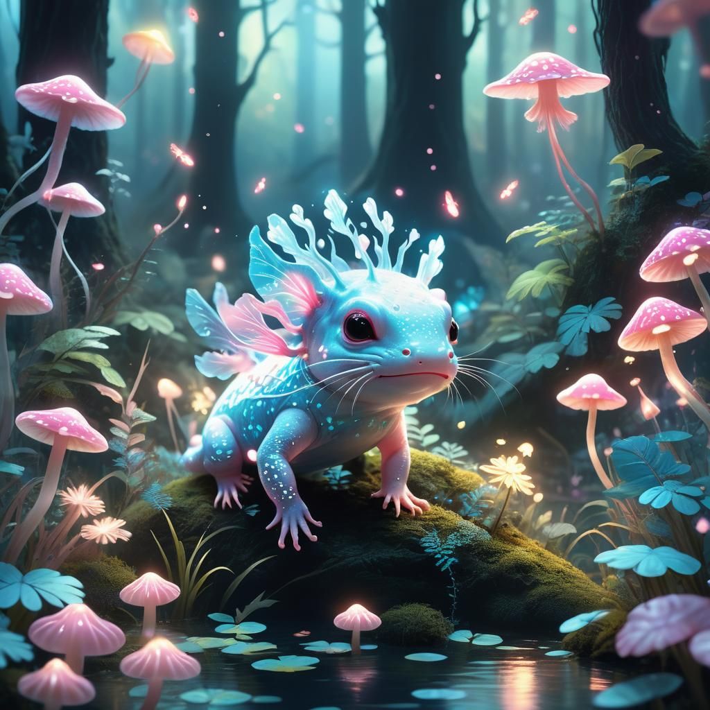 Glowing Axolotl in Enchanted Forest Concept Art