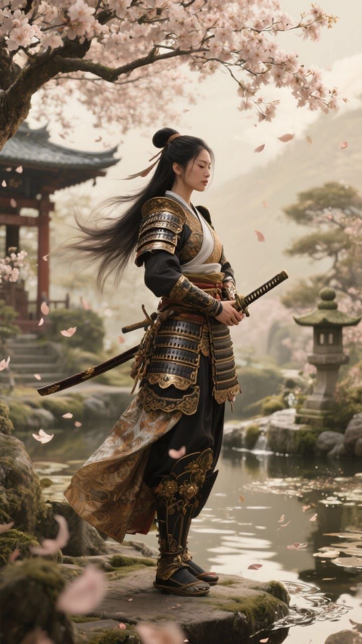 Samurai Woman Meditating Before Battle in Zen Garden