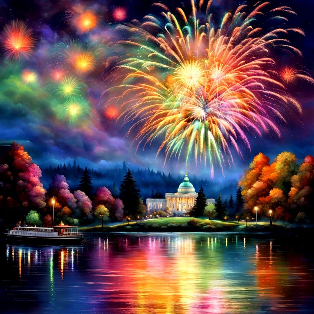 Fireworks Over Washington Capitol in Kinkade Style
