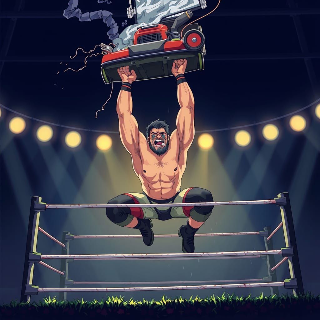 Anime Wrestler Leaping with Lawnmower Cel-Shaded Art