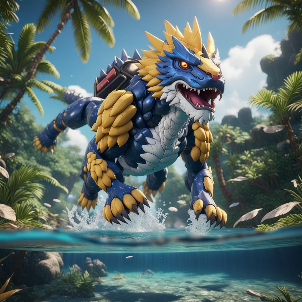 Garurumon Swimming in the Tropics: 3D Game Cinematic