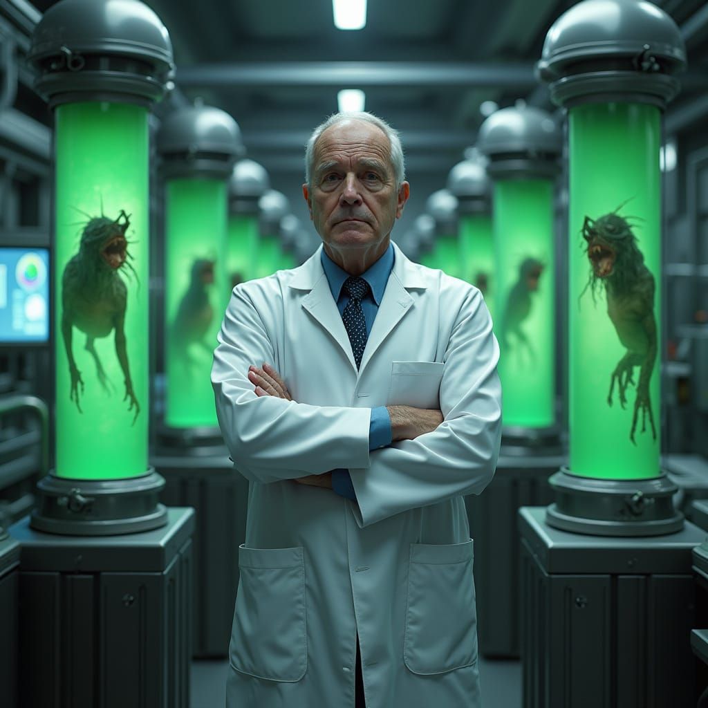 High-Tech Lab Scene with Professor and Creatures