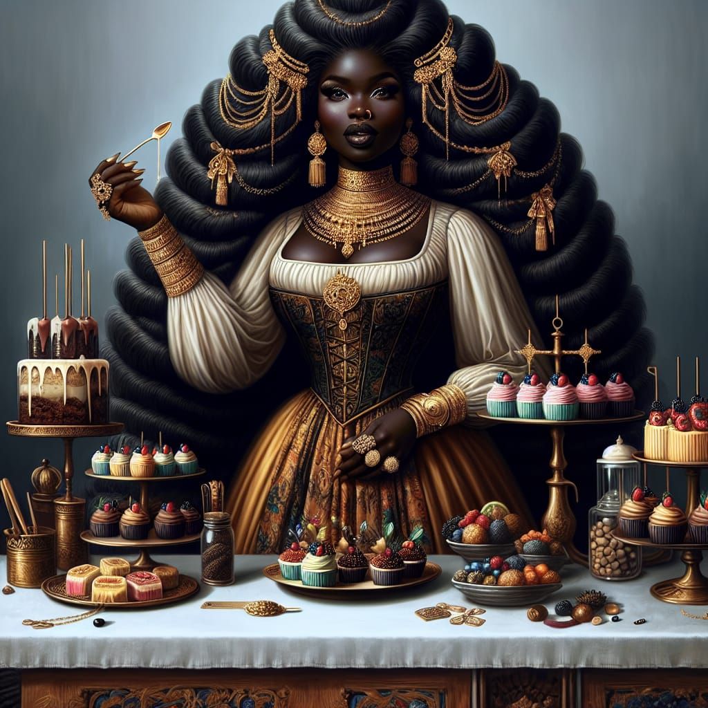 Curvaceous Doll Stands Behind Dessert Table in 8k