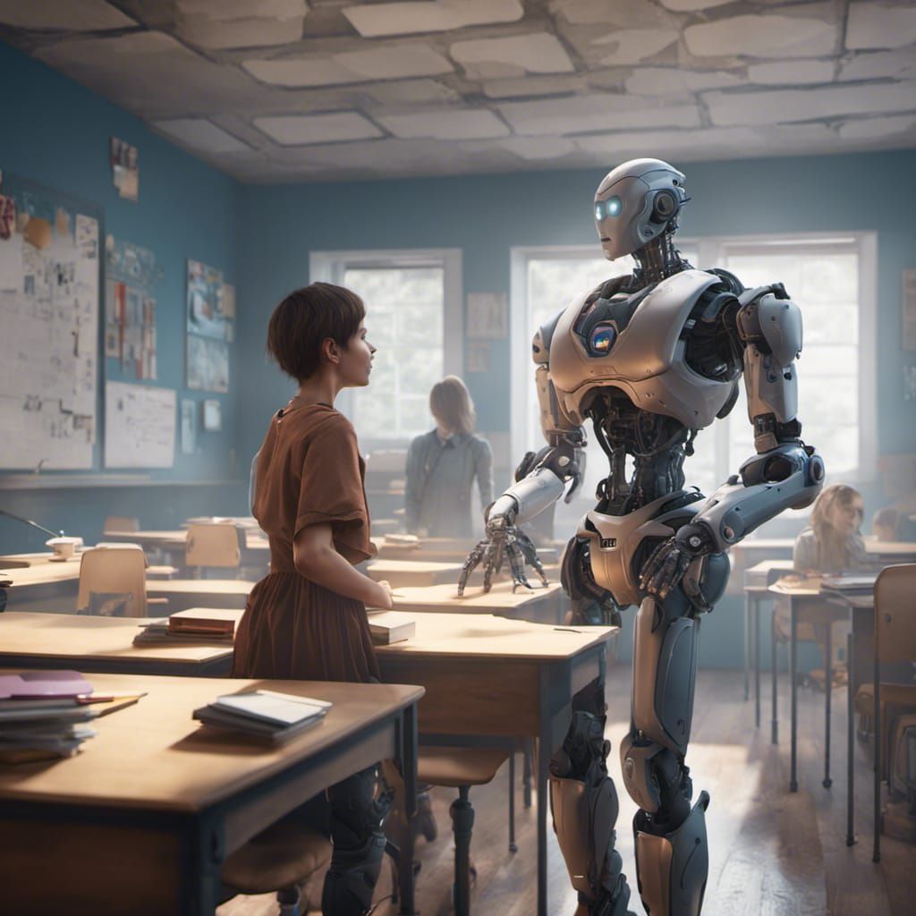 Humanoid Robot Teacher in Classroom: Detailed Matte Painting