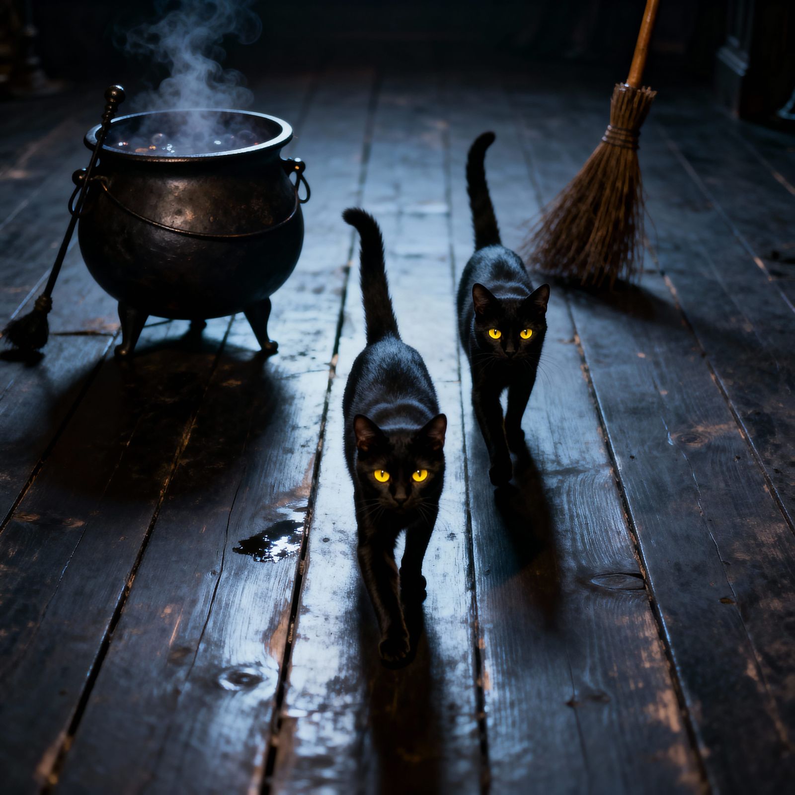 Black Cats with Yellow Eyes Emerge from Darkness