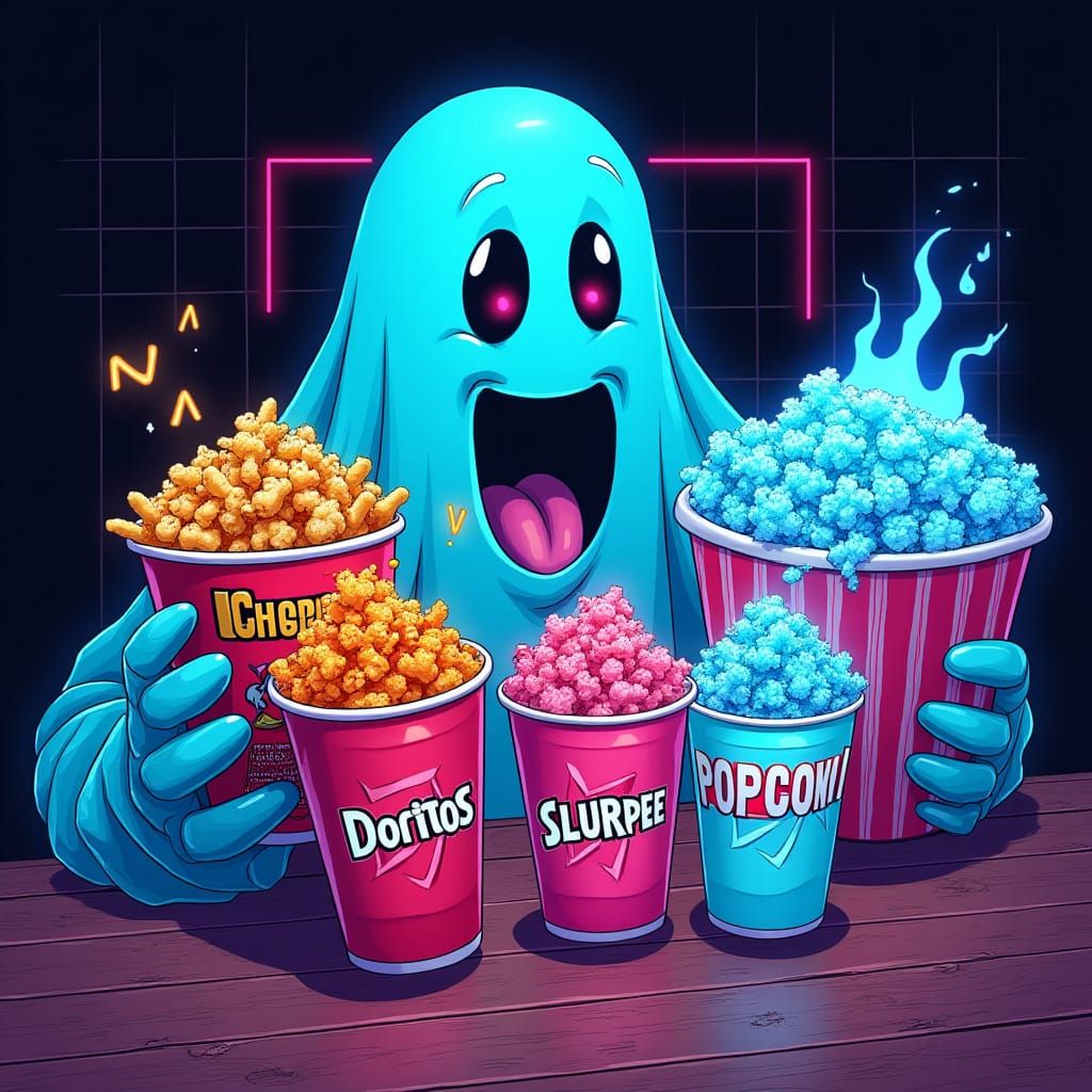 Synthwave Ghost Enjoying Snacks Comic Style Drawing