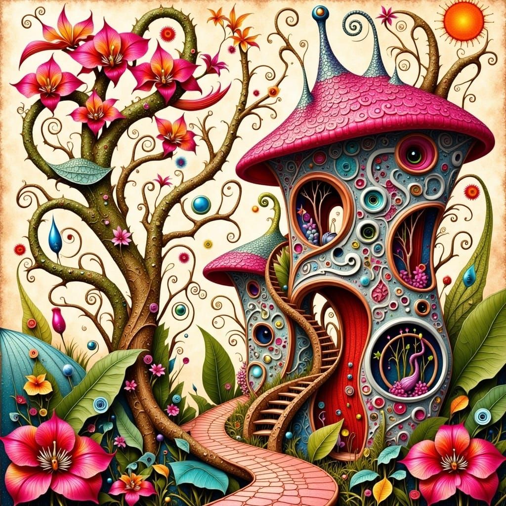 Eco-Friendly Dwelling with Flower Child in Folk Art Style