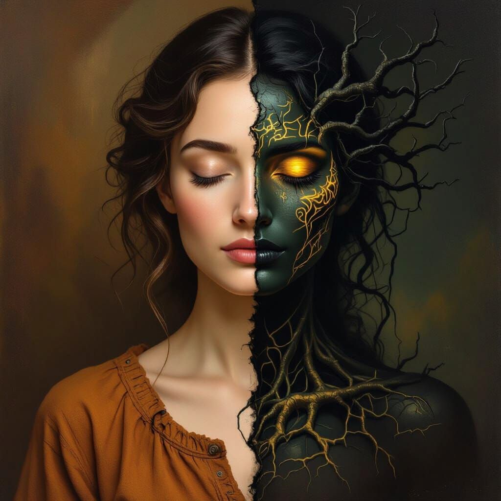 Surreal Woman Portrait with Ancient Symbols