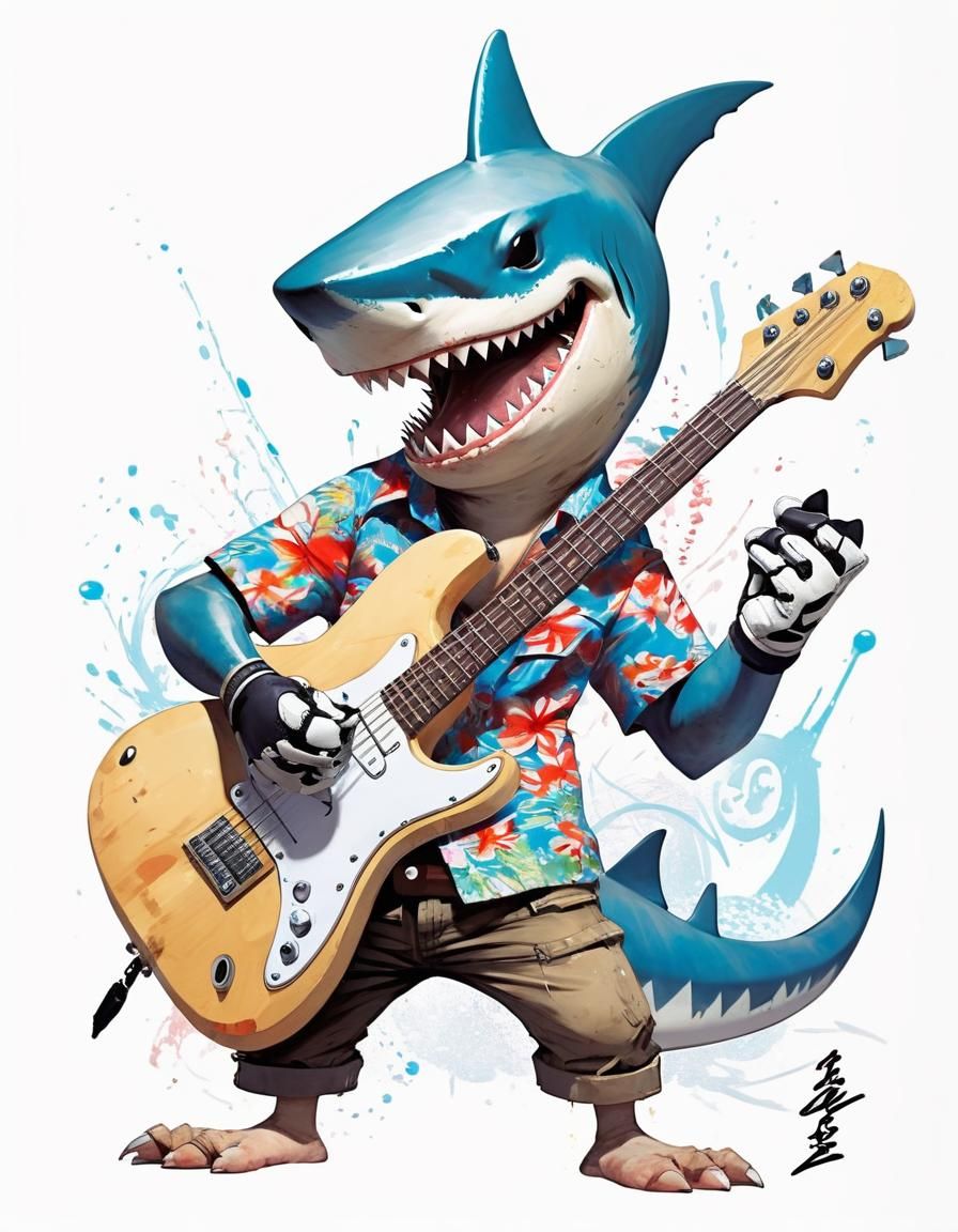 Chibi Shark Plays Guitar in Ink Art Style