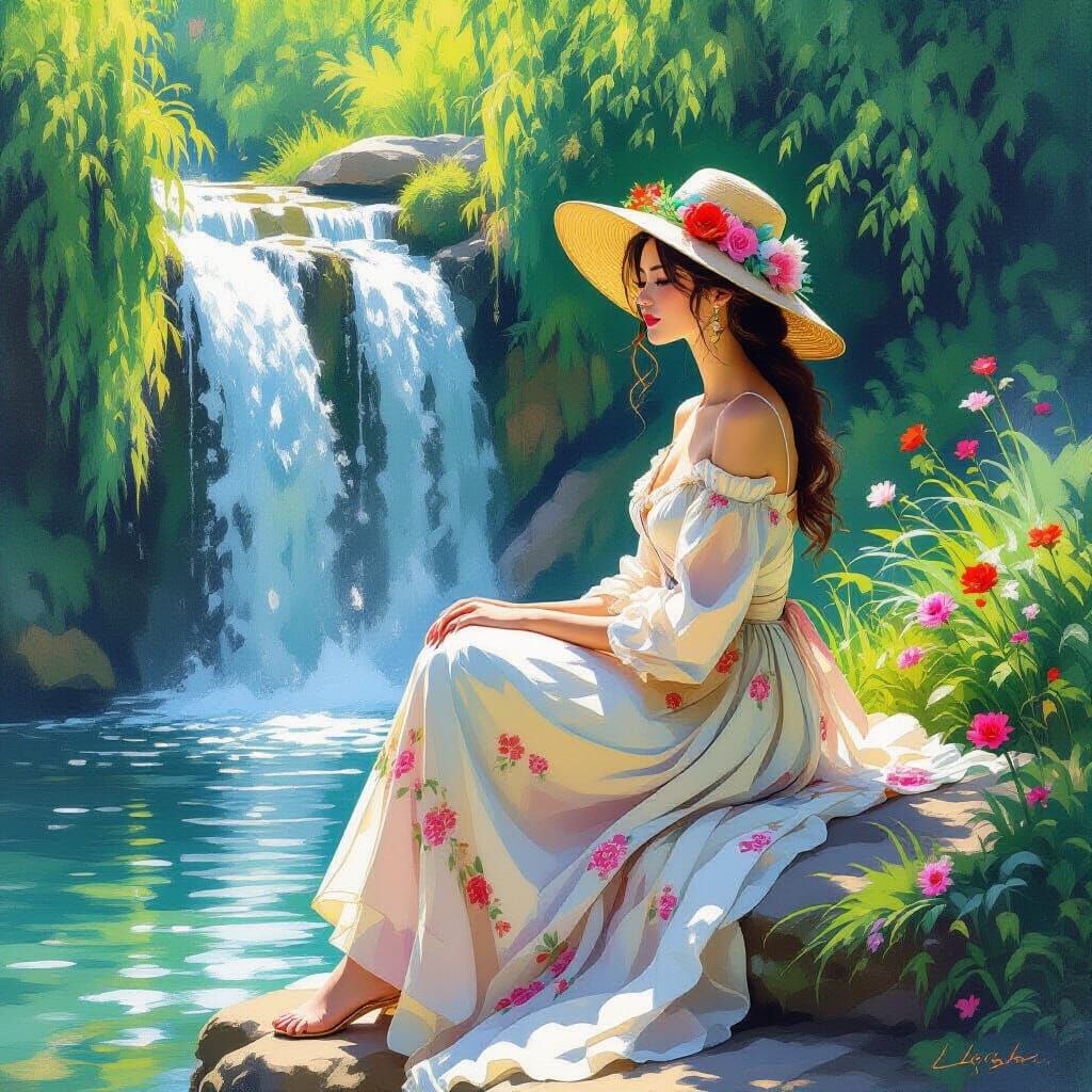 Woman by Waterfall: Impressionistic Digital Art
