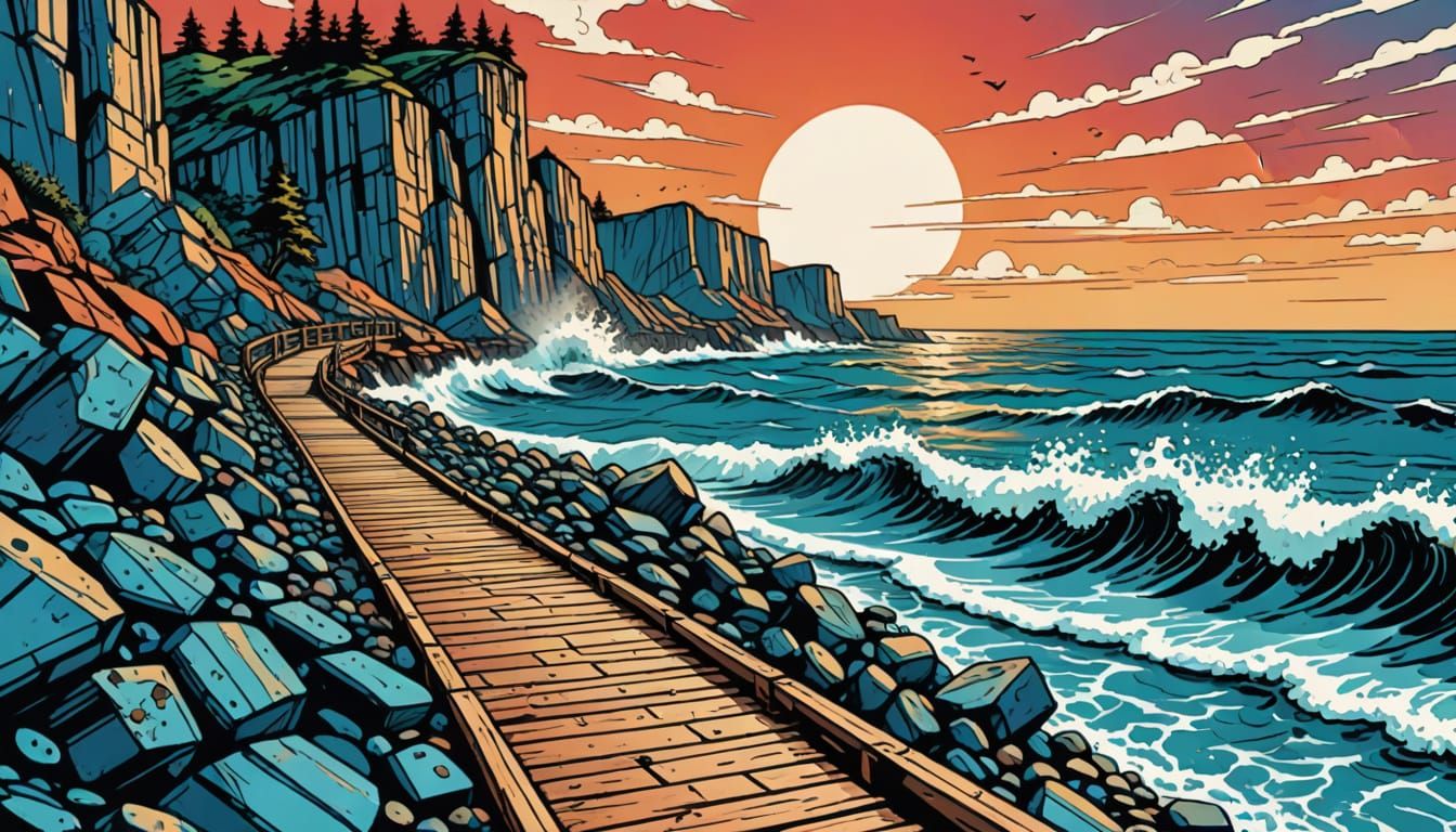 Dramatic Cliff Scene in Retro Comic Book Style