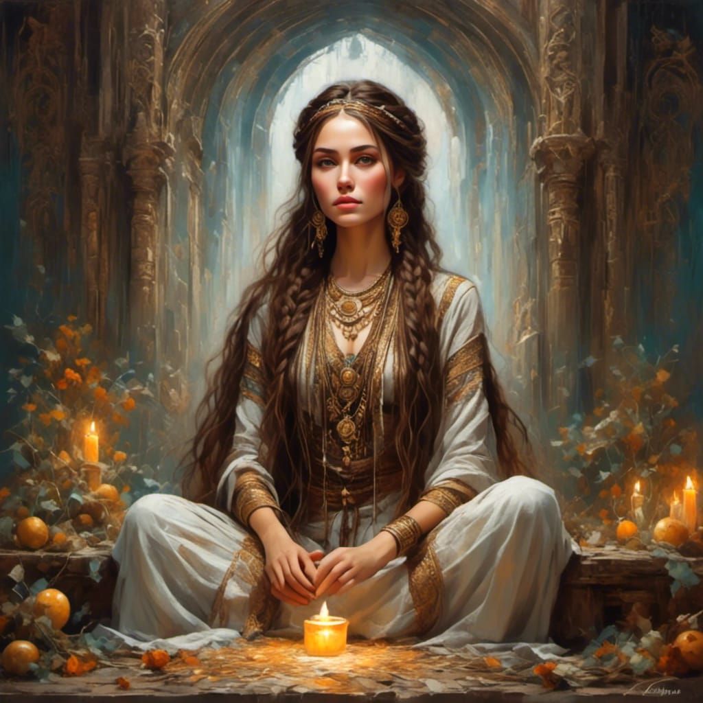Beautiful Priestess in Meditation with Braids