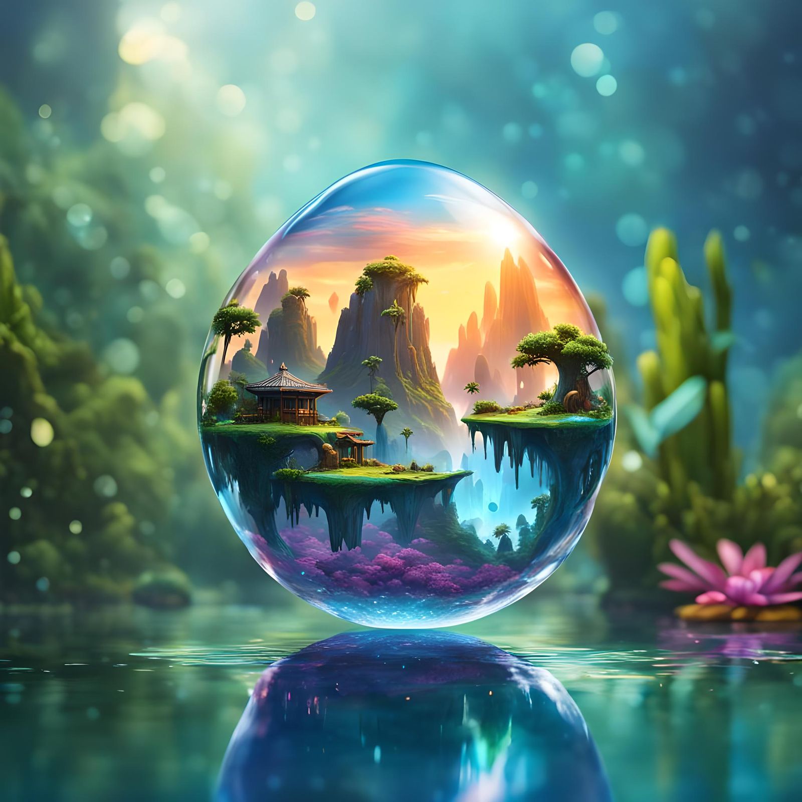 Pandora's Floating Islands Reflected in Dew Drop