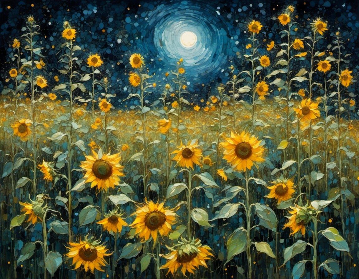 Sunflower Field Starry Night in Modernist Style