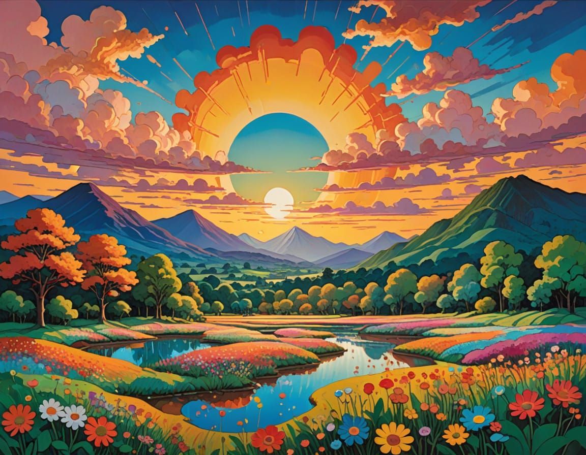 Vibrant Sunset Landscape in Dreamy, Expressive Style