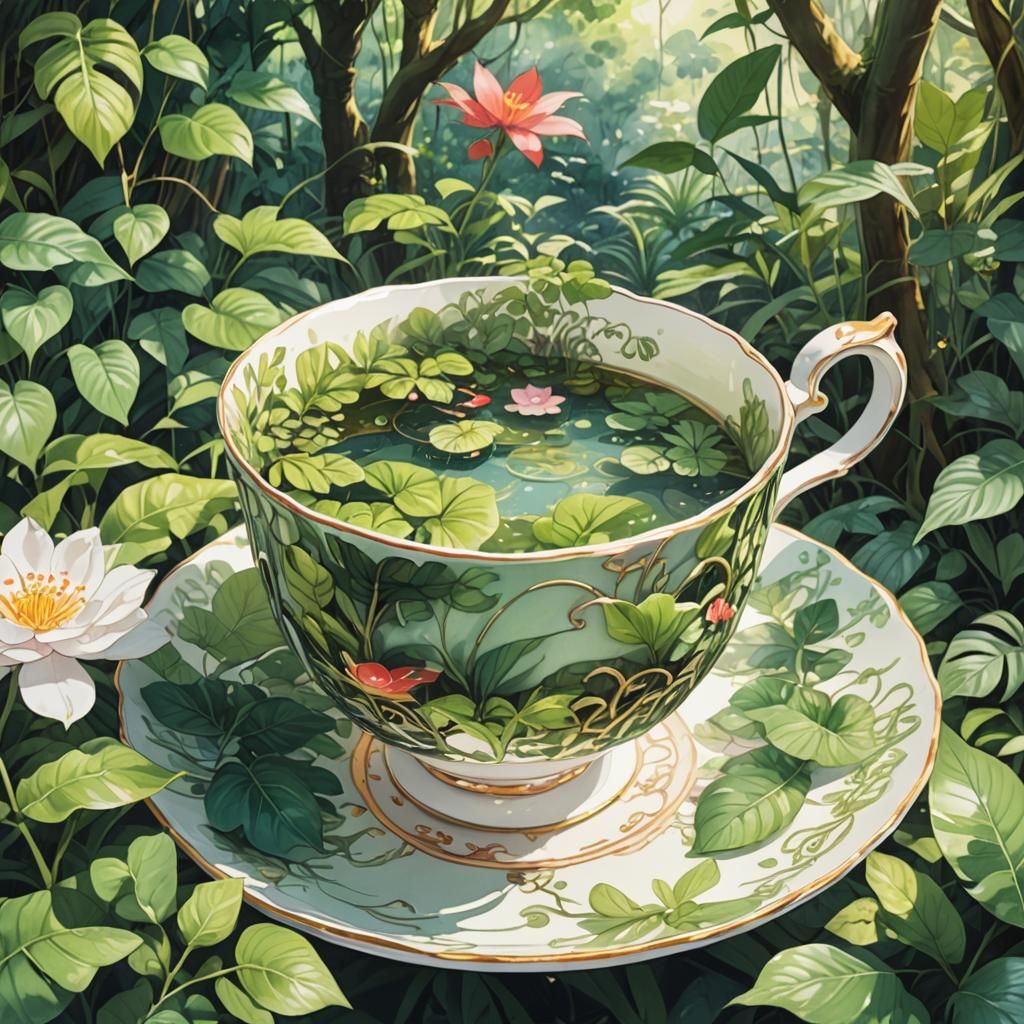 Anime Jungle Teacup: Whimsical Watercolor Art