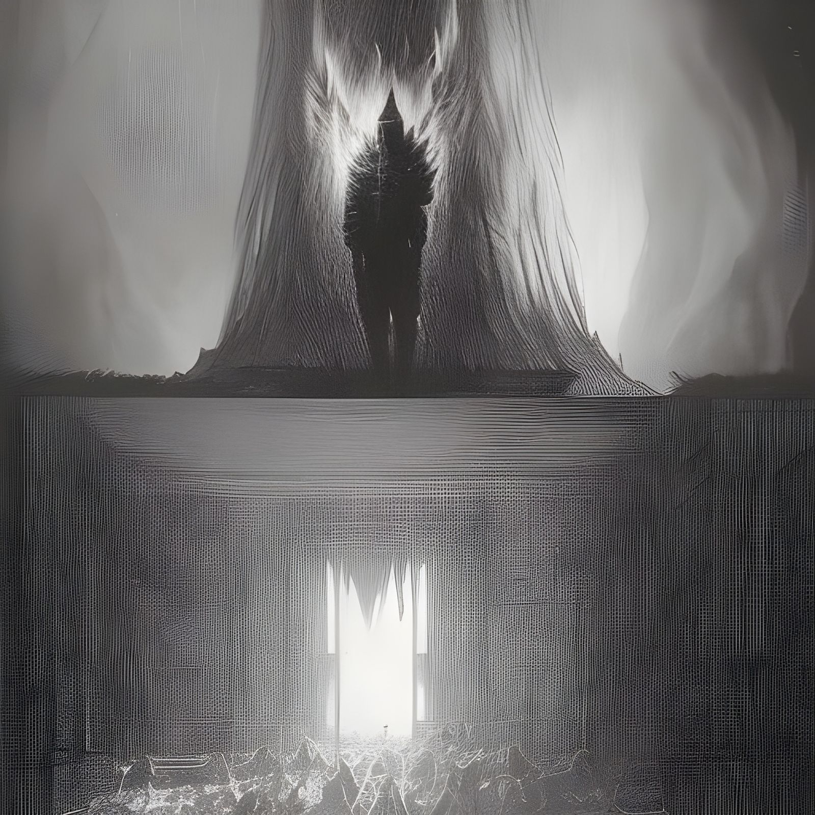 Fiery Wolf in Dark Room: A Brutalist Vision