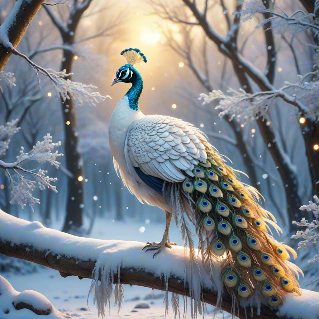 Enchanted Winter Peacock in Ethereal Splendor