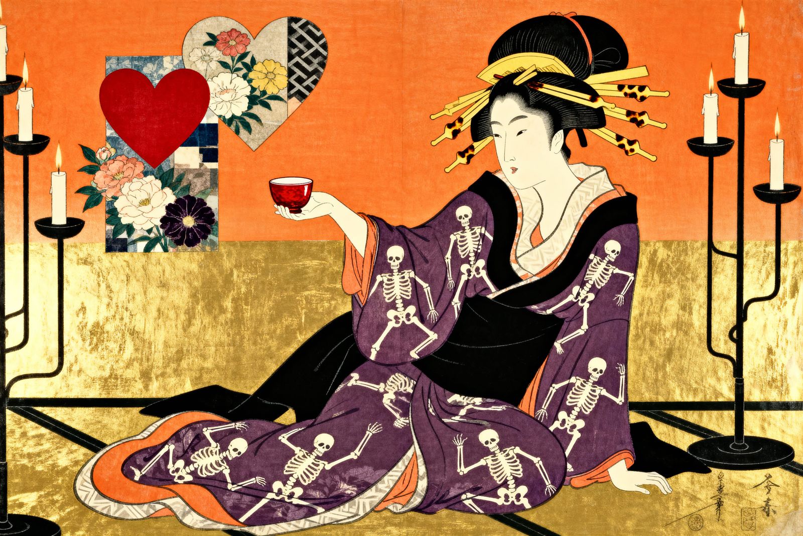 Elegant Japanese Courtesan with Skeleton Kimono
