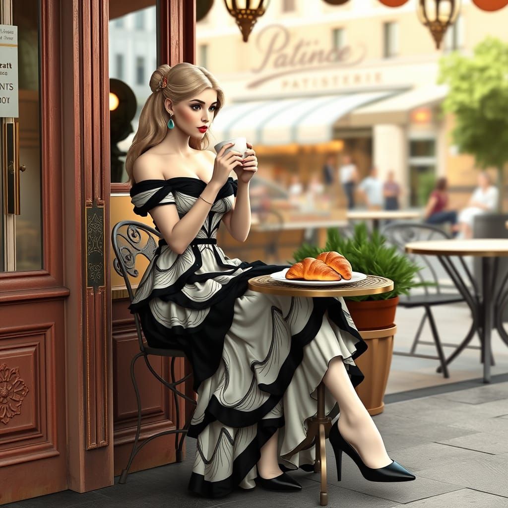 Greek Goddess in Exotic Fantasy Gown Outside French Patisser...
