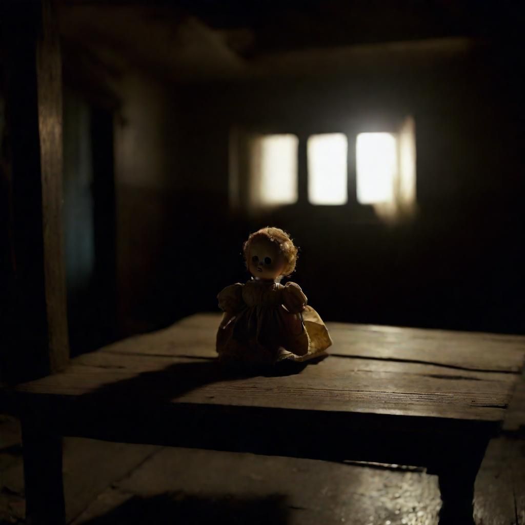 Eerie Lonely Doll in Abandoned Room: Cinematic Still