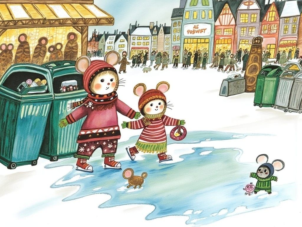 Mouse Family Ice Skating: Storybook Illustration