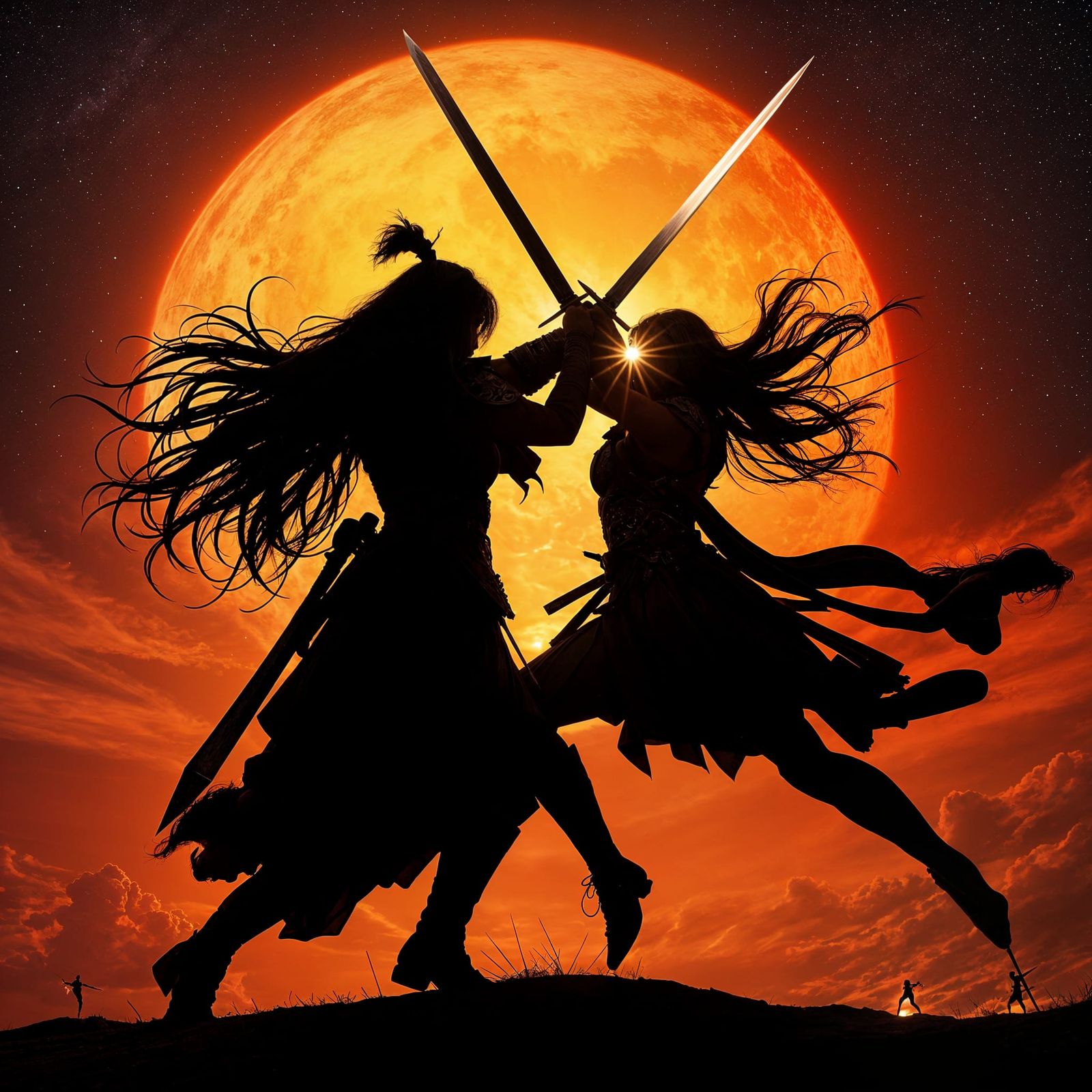 Ethereal Silhouettes of Female Warriors in Epic Sunset Battl...