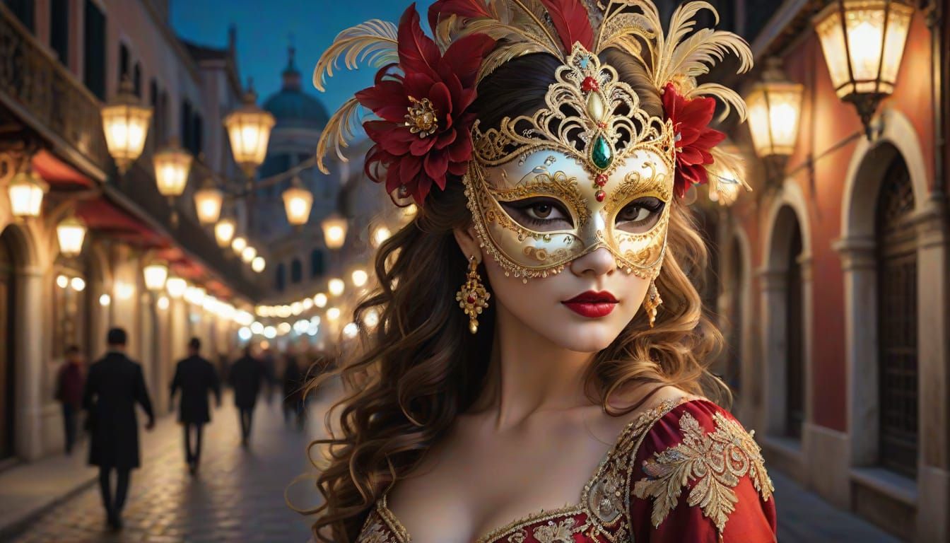 Elegant Woman in Baroque Venetian Mask and Gown