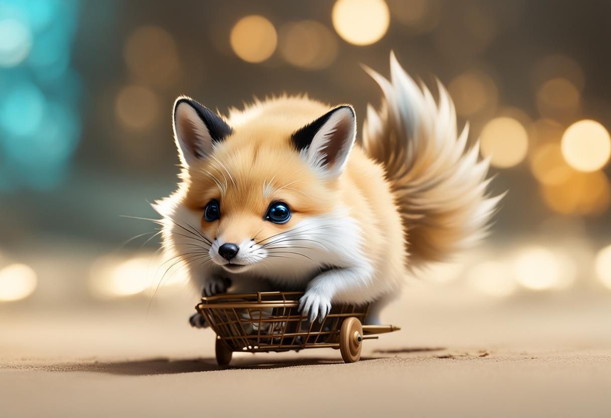 Whimsical Tan Fox with Hamster Legs on Wheel