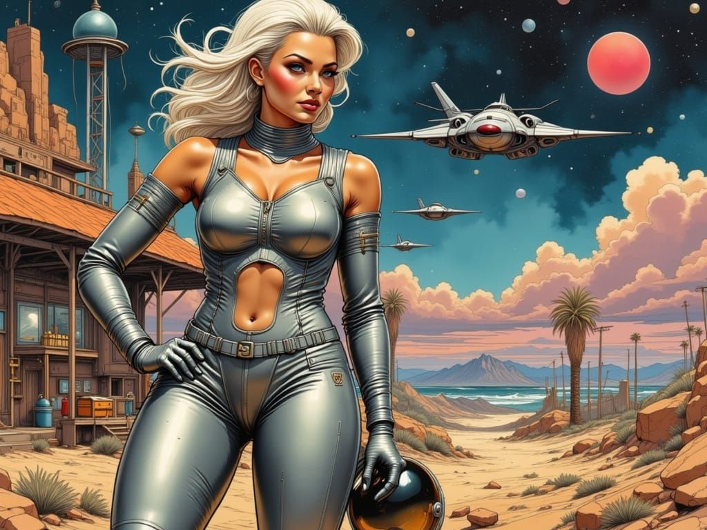 Futuristic Woman Poses With Starfighter in Nebula