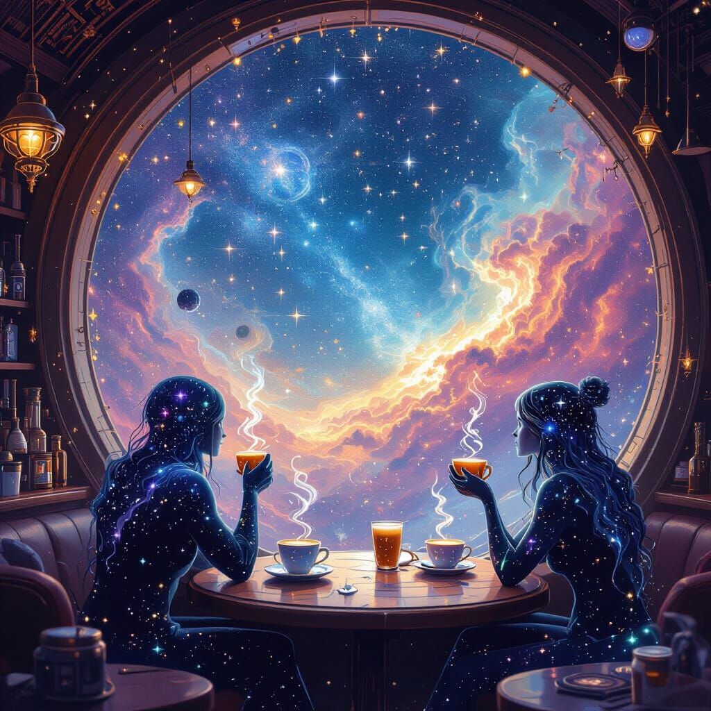 Celestial Coffeehouse Among Stars with Cosmic Latte Art